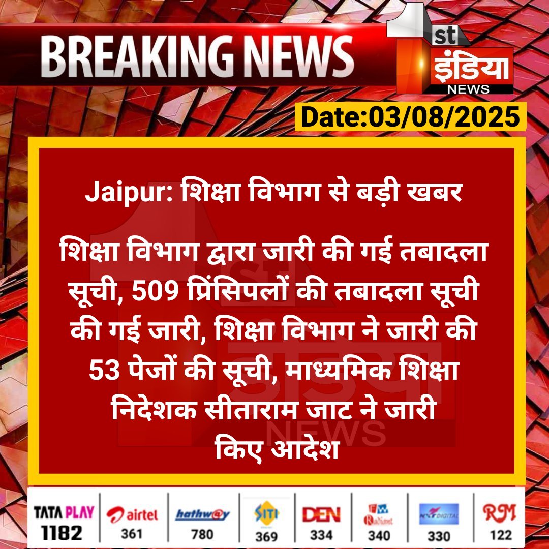 1stIndiaNews's tweet photo. #Jaipur: शिक्षा विभाग से बड़ी खबर

शिक्षा विभाग द्वारा जारी की गई तबादला सूची, 509 प्रिंसिपलों की तबादला सूची की गई जारी, शिक्षा विभाग ने जारी.... 

#RajasthanWithFirstIndia #JaipurNews @RajGovOfficial https://t.co/ky8y5bB6Tg
