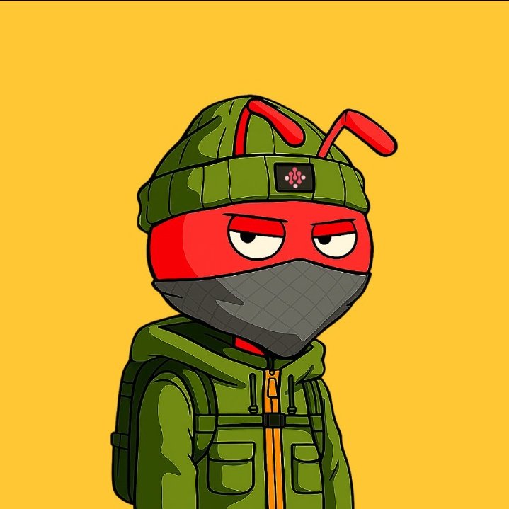 Meet SANT (Strategic Ant of the New Tomorrow)

SANT Backstory is a little sketchy and mysterious:
🐜 Raised in the underhive of the ChainGrid, SANT doesn’t talk — he acts. With his encrypted mask, camo gear, mission-ready stance, he protects Arichain's future from silent threats