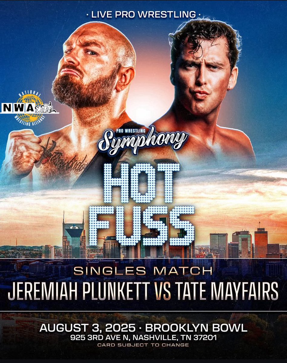 Jeremiah Plunkett (@plunkitis) on Twitter photo Show day!
<a href="/PWSymphonyLive/">Pro Wrestling Symphony</a> 🎶 presents Hot Fuss 🔥LIVE from the <a href="/BBowlNashville/">Brooklyn Bowl Nashville</a>!
Matches start at 2PM 🕑
Awesome card on hand. If you’ve been on the fence, I suggest you hop off and get your tickets 🎟️ NOW!
Don’t miss out! Show day!
<a href="/PWSymphonyLive/">Pro Wrestling Symphony</a> 🎶 presents Hot Fuss 🔥LIVE from the <a href="/BBowlNashville/">Brooklyn Bowl Nashville</a>!
Matches start at 2PM 🕑
Awesome card on hand. If you’ve been on the fence, I suggest you hop off and get your tickets 🎟️ NOW!
Don’t miss out!