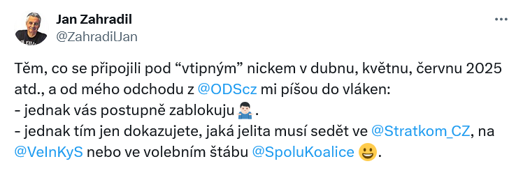 Mě ten vůl <a href="/ZahradilJan/">Jan Zahradil</a> taky nazval zkurveným agentem Stratkomu a následně zablokoval.
A to jsem si profil založil ještě za vlády Babiše, v září 2021. Však víte - ten rok, co se posrala Bohemia Energy a začala brutálně růst inflace, kterou až ten další rok mohla řešit nová vláda.