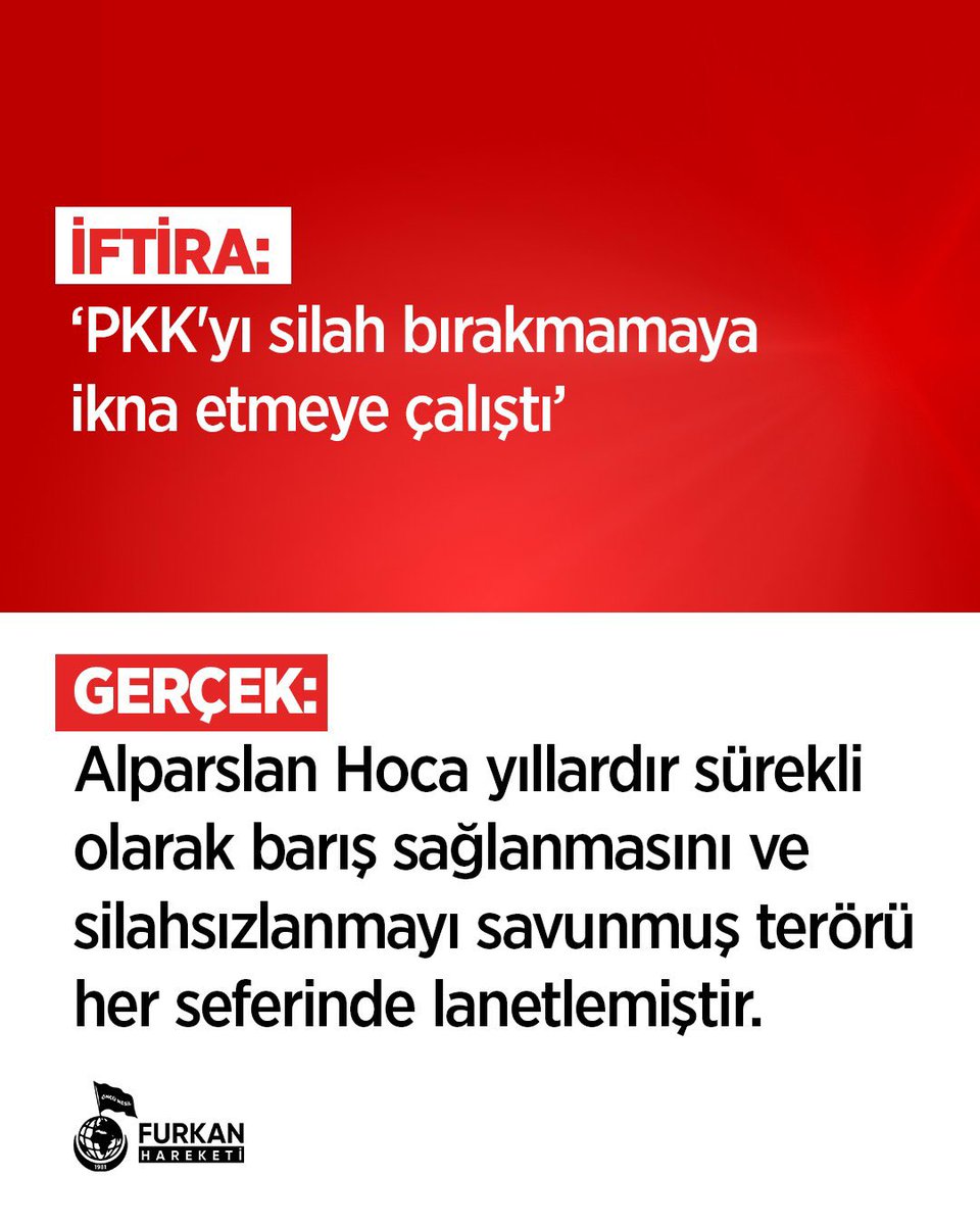 Gerçek: Alparslan Hoca yıllardır sürekli olarak barış sağlanmasını ve silahsızlanmayı savunmuş ve terörü her seferinde lanetlemiştir! 

AlparslanHocaya Alçakİftira