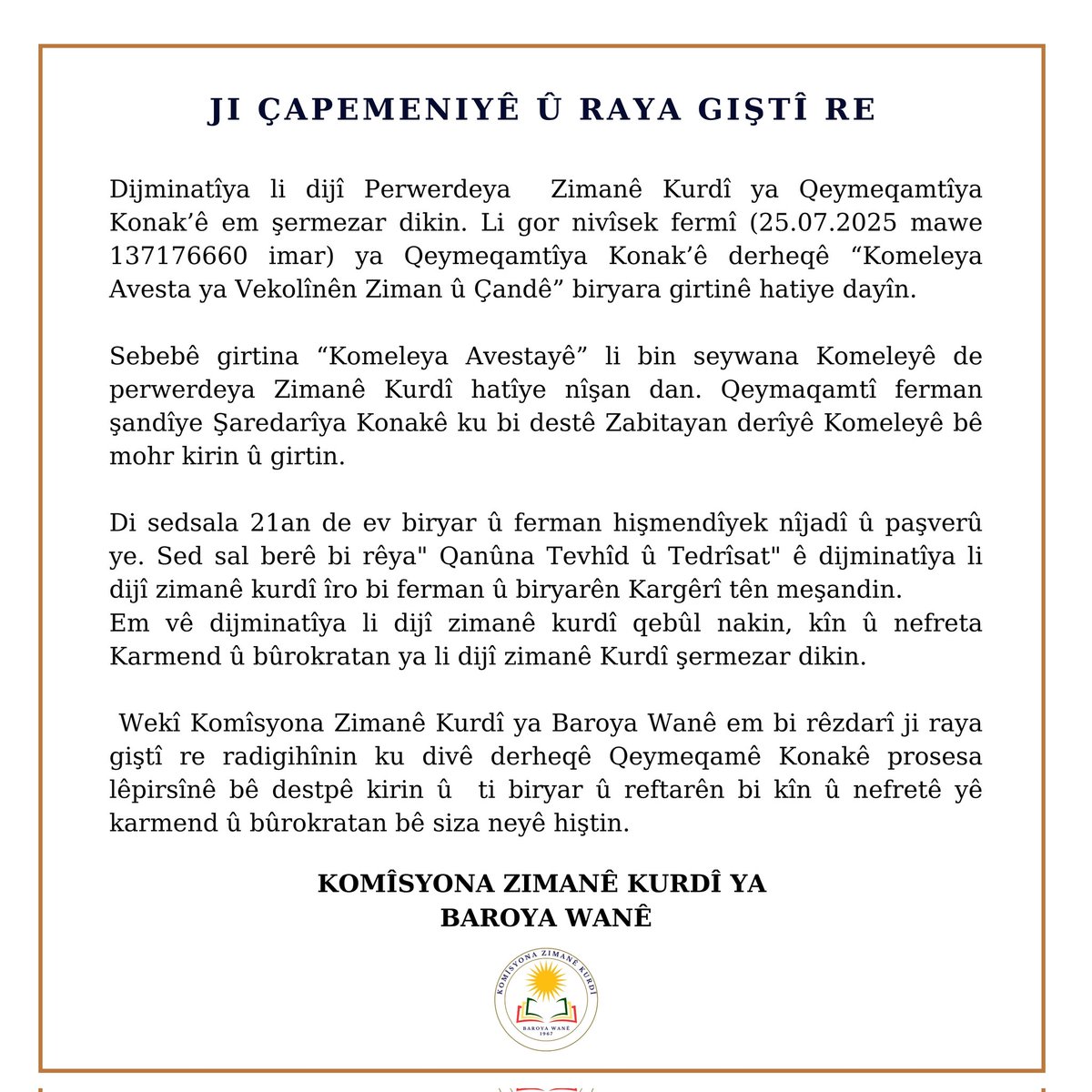 Komîsyona Zimanê Kurdî / Baroya Wanê (@desteyaziman) on Twitter photo 