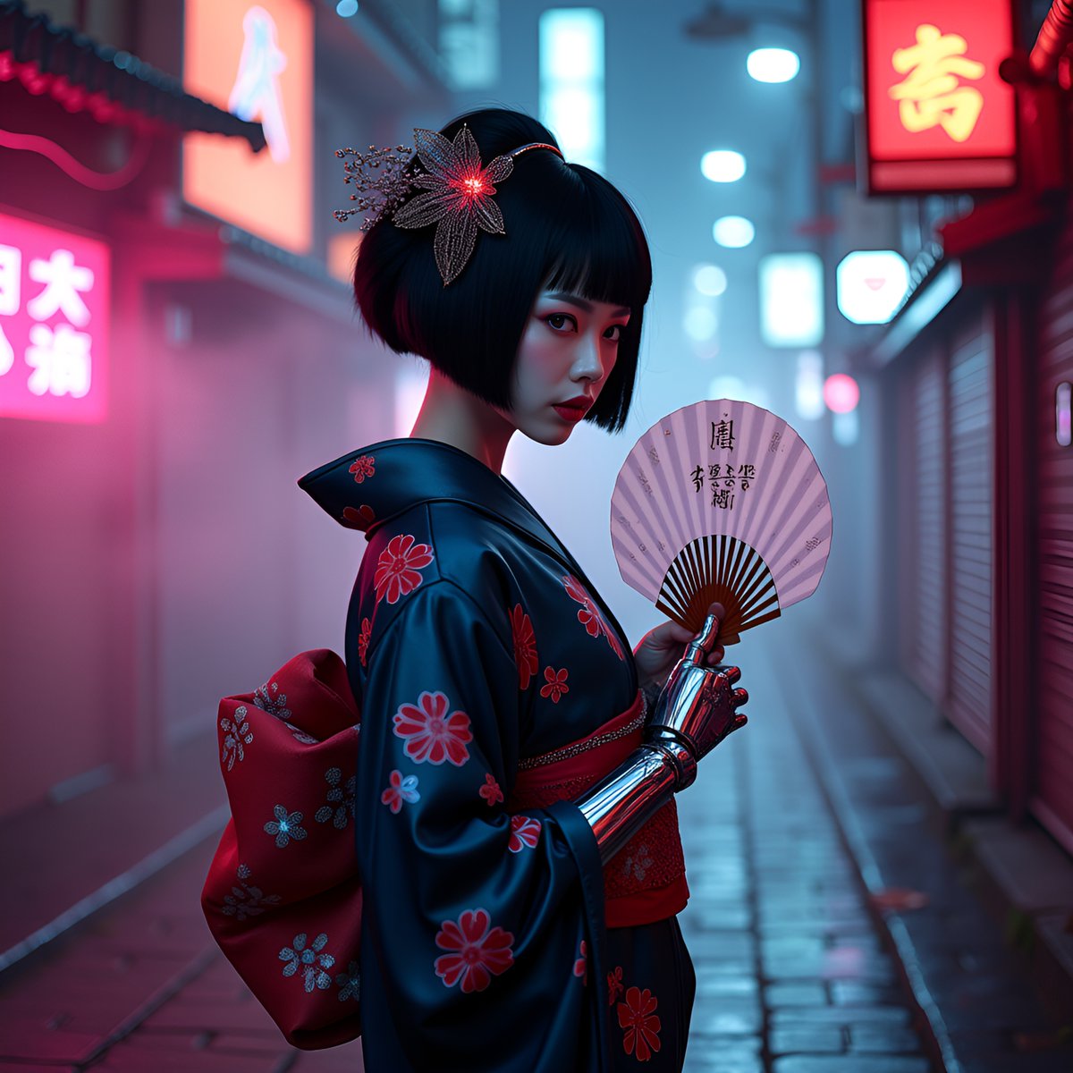 PromptSin's tweet image. Embracing the neon noir vibes—who else loves a mysterious city night? ✨🗝️ Tag someone who’d rock this look! #CyberVibes #NightOwls