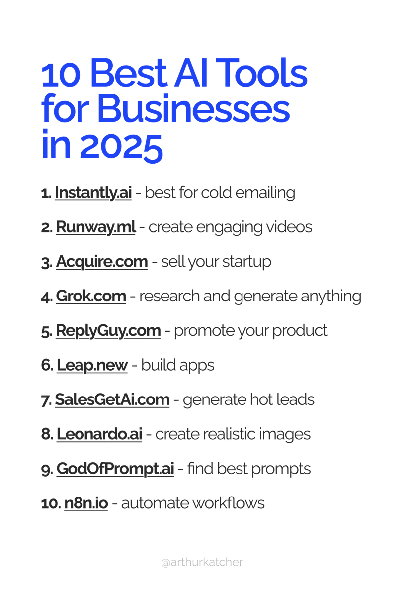 arthurkatcher's tweet image. 🔥 10 AI tools to skyrocket your business in 2025!

From automating emails &amp;amp; lead generation to crafting websites &amp;amp; videos, these tools do it all.

If you’re not using them, you’re already behind! 🧵👇