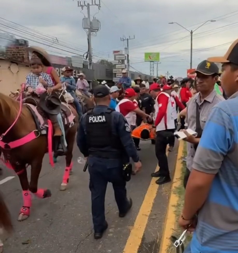 ¡Lamentable!! Una persona fue pateada por un caballo ayer en la cabalgata de las fiestas de Santiago. Gracias a la acción oportuna de la Cruz Roja pudo ser atendida rápidamente, y a las autoridades tomar los correctivos para que no vuelva a suceder en años venideros.