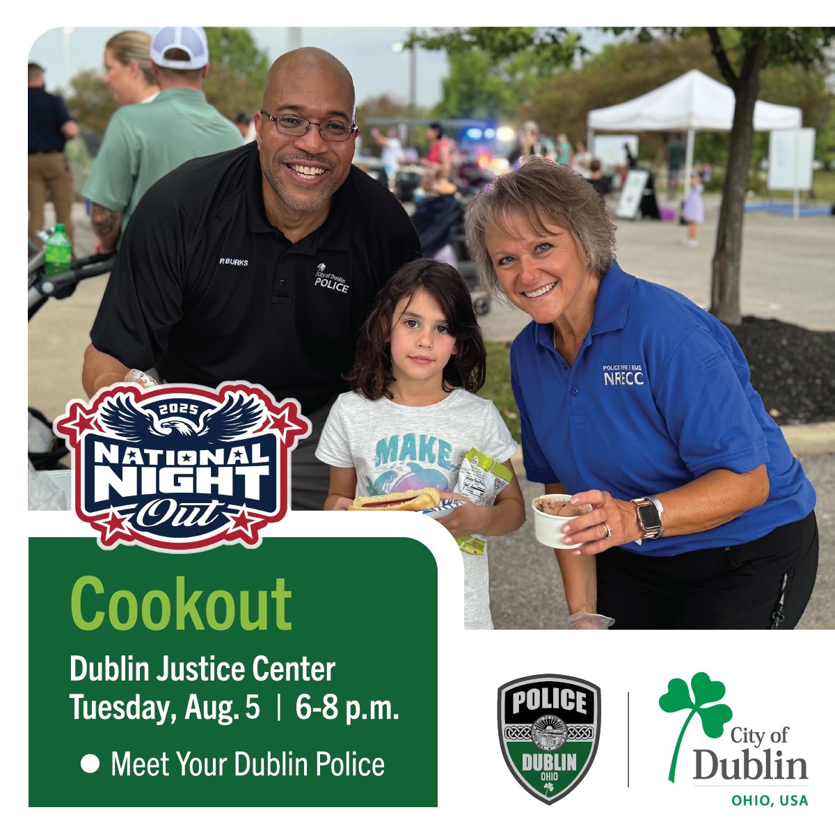 It's almost National Night Out with #YourDublinPolice!

🗓️ Tuesday, Aug. 5
📍Dublin Justice Center, 6565 Commerce Pkwy
✅ All ages are welcome to visit with Dublin Police officers

🍦 Enjoy free food, music, games, a drone demo, Touch-A-Cruiser + more! ➡️ bit.ly/DublinPoliceNNO
