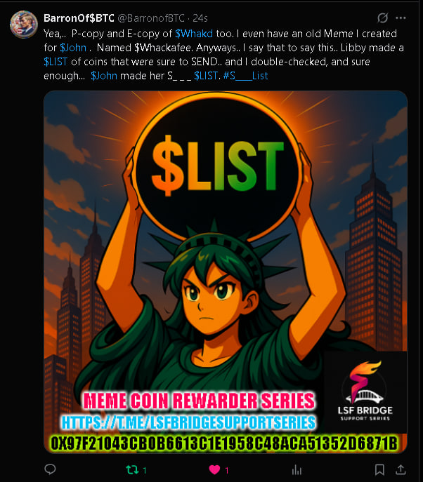 BarronofBTC's tweet photo. @Crypto_Doug1 @zachrypto Then you're going to love $LIST, "Libby's List" has been deemed the ANGIE's LIST of Meme Coins, and Reward Tokens! The all want to make Libby's #S____List #SENDLIST  TG: https://t.co/TnuYymOUOI https://t.co/UewKLkmWdL