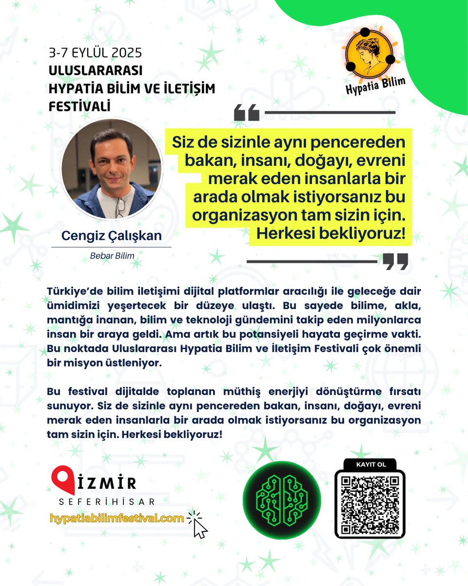 🚀 Festival Öncesi: Kim Ne Diyor? | <a href="/Cengiz_Caliskan/">Cengiz Caliskan</a> <a href="/BebarBilim/">bebar bilim</a> <a href="/bbtopluluk/">Bebar Bilim Topluluğu</a> 

🧬 "Bu festival dijitalde toplanan müthiş enerjiyi dönüştürme fırsatı sunuyor. Siz de sizinle aynı pencereden bakan, insanı, doğayı, evreni merak eden insanlarla bir arada olmak istiyorsanız bu