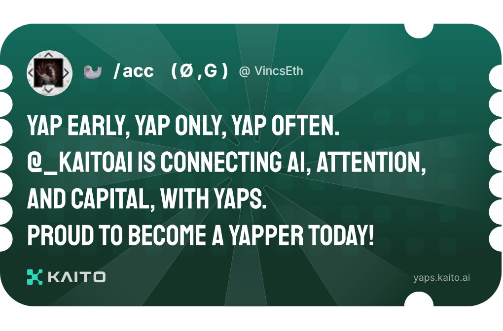 VincsEth's tweet image. Yap early, yap only, yap often.

@KaitoAI is connecting AI, attention and capital with Yaps.

Just claimed my social card and I'm accumulating Yap points in real-time.

Claim yours 👉 yaps.kaito.ai/referral/11348…