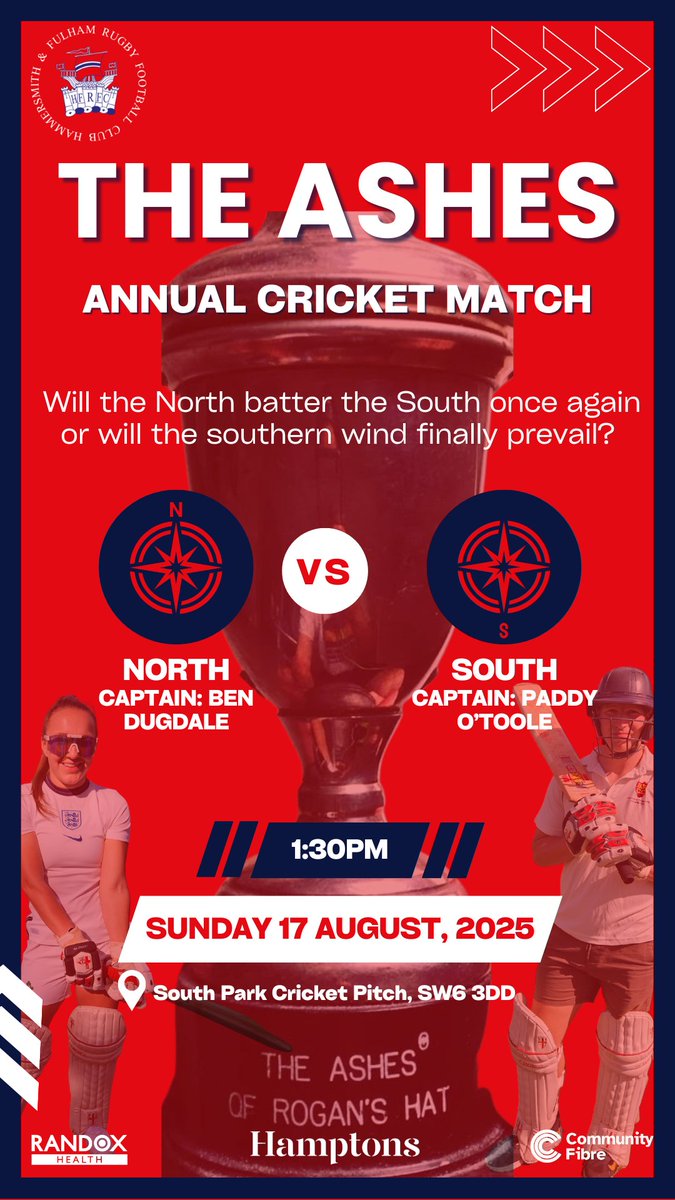 It's here - Sunday 17 August at Fulham's South Park see's the reigning champions "The North" taken on the plucky "The South" in a fight for The Ashes, Hammersmith &amp; Fulham's North vs South Annual Cricket Match!  Grab your pads, fetch some sandpaper, and bowl your mate a cold one!