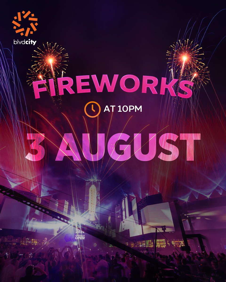 عيشوا لحظات مميزة مع عرض الألعاب النارية الليلة الساعة 10م في #بوليفارد_سيتي 🎆🌟
سكوير 1 و 2 📍

Experience a magical moment with tonight’s fireworks show at 10 PM in #BlvdCity 🎆🌟
Square 1 &amp; 2 📍