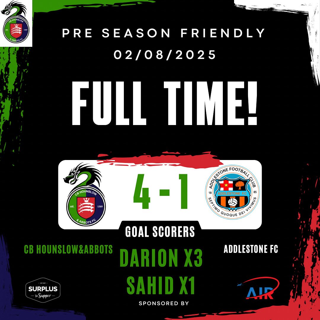 CB Hounslow & Abbots FC (@cbhounslowutd) on Twitter photo We Still Running! π₯ @cb_hounslowabbotsfc1st take down <a href="/addlestonefc/">Addlestone FC Men's 1st/Reserves (prev Lyne FC)</a> 4-1 in a thrilling pre-season friendly! π₯ Building confidence, sharpening skills. Ready for the challenge ahead! πͺπ½π #PreSeason #UpTheDragons #NewBeginnings #FriendlyMatch #WinningForm #TeamWork #Explore We Still Running! π₯ @cb_hounslowabbotsfc1st take down <a href="/addlestonefc/">Addlestone FC Men's 1st/Reserves (prev Lyne FC)</a> 4-1 in a thrilling pre-season friendly! π₯ Building confidence, sharpening skills. Ready for the challenge ahead! πͺπ½π #PreSeason #UpTheDragons #NewBeginnings #FriendlyMatch #WinningForm #TeamWork #Explore