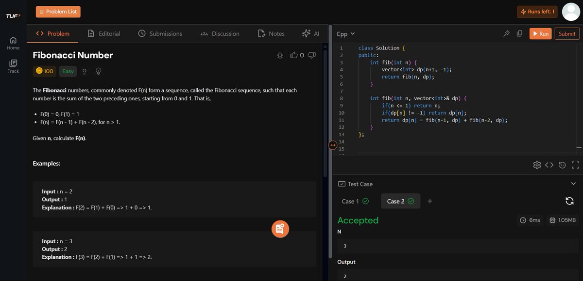 OfflineWaliSoul's tweet image. 📌 DSA Day 26 – Fibonacci Number
🔹 Topic: Recursion + Memoization
🔹 Improved time from exponential to O(n)
🔹 Used DP array to avoid redundant calls
🧠 Formula: F(n) = F(n-1) + F(n-2), base: F(0)=0, F(1)=1
💻 Lang: C++
#DSA #Recursion #Memoization #Leetcode #100DaysOfCode
