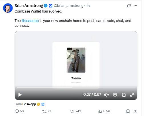 CryptoEagle100x's tweet photo. @coinbase $TOSHI: cat → 300M  
$COSMO: dog → 400K  
Coinbase CEO loves animals... so which one’s next? 🐶👀  
Cosmo is the BaseApp dog — not just a meme, but a movement. 

0x402FB5a74865af5863E099236151F19E04b95868

https://t.co/GhZQPAmF9P  
https://t.co/grUebyjH2k https://t.co/D4xyc0d78o