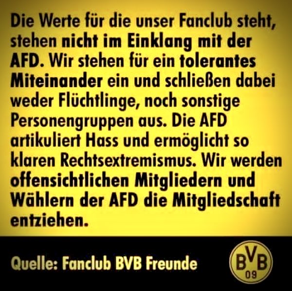 Danke für dieses klare und verachtenswerte Statement, ich kann nur hoffen, dass sehr viele BVB Fans erkennen, wie weit ihr euch dem Faschismus mittlerweile nähert!