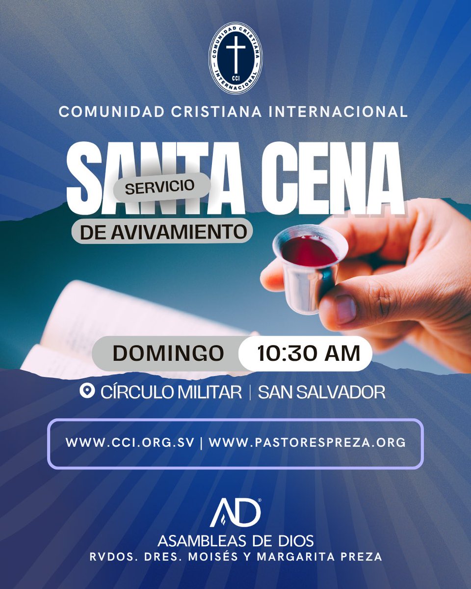Dios ha preparado un encuentro especial contigo.

Ven temprano, ven con fe, ven con toda tu familia al Servicio de Avivamiento. ¡Te esperamos!

Día: Domingo
Hora: 10:30 a.m.
Lugar: Círculo Militar, San Salvador

Rvdos. Dres. Moisés y Margarita Preza
PastoresPreza.org