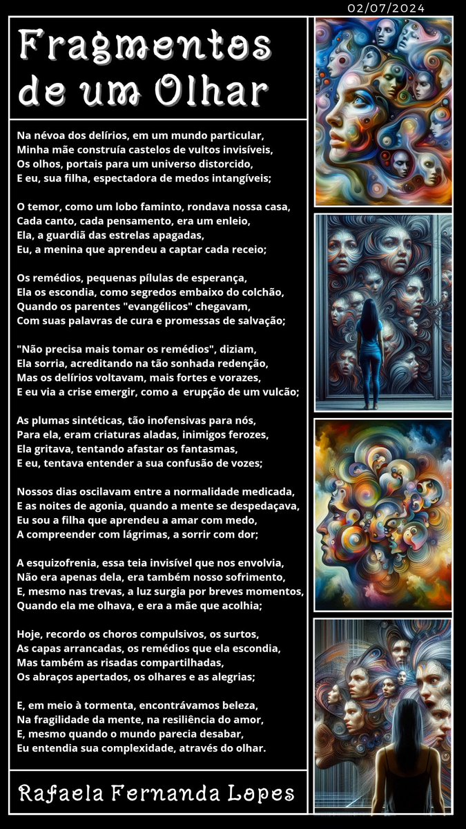 Eu cresci tentando entender o que ninguém explicava.
Minha mãe vivia em guerra com a própria mente, e eu, no meio disso tudo, só queria que ela ficasse bem.
Tinha medo dos gritos, dos silêncios e dos olhares perdidos...
Mas também lembro do carinho, dos momentos de calma, do