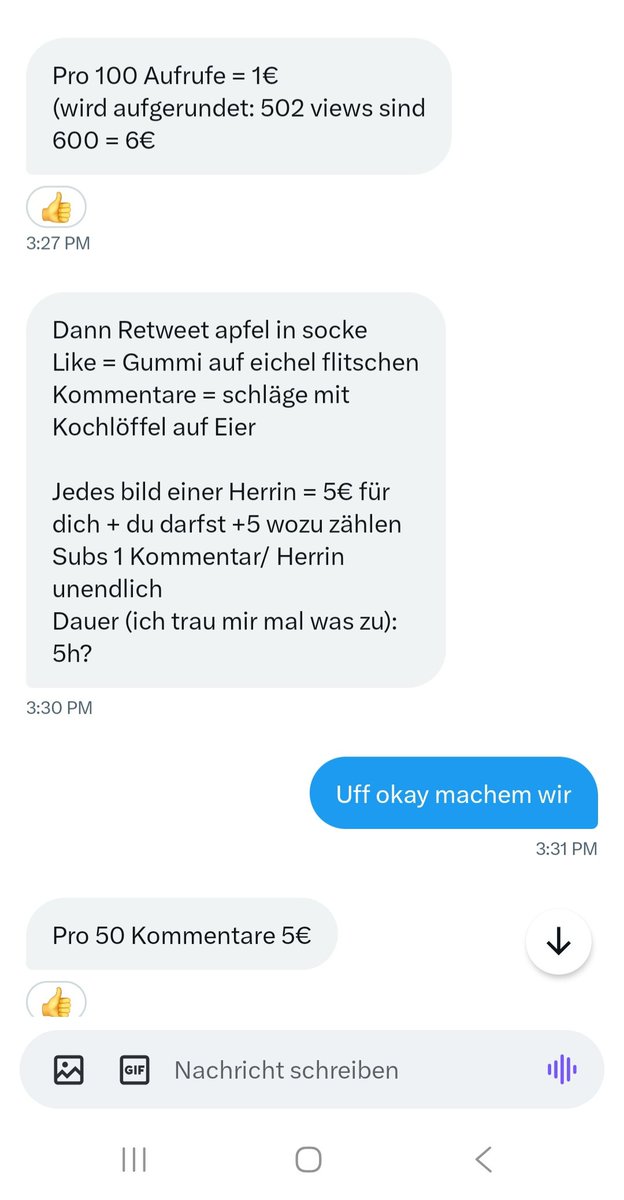 😈rtgame😈 etwas anders.
5 Stunden bis 20:40 Uhr
Kommentar sub 1
Herrin unendlich
Jedes Bild einer Herrin +5€ 
Kommentar/Schlag Kochlöffel
Retweet/Apfel in Socke
Like/Gummi flitschen
Alle weiteren Infos in Bild 2 da hier zu wenig Platz für Text 🤣🤭