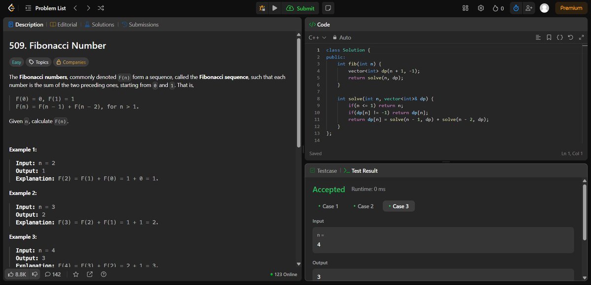 OfflineWaliSoul's tweet image. 📌 DSA Day 26 – Fibonacci Number
🔹 Topic: Recursion + Memoization
🔹 Improved time from exponential to O(n)
🔹 Used DP array to avoid redundant calls
🧠 Formula: F(n) = F(n-1) + F(n-2), base: F(0)=0, F(1)=1
💻 Lang: C++
#DSA #Recursion #Memoization #Leetcode #100DaysOfCode