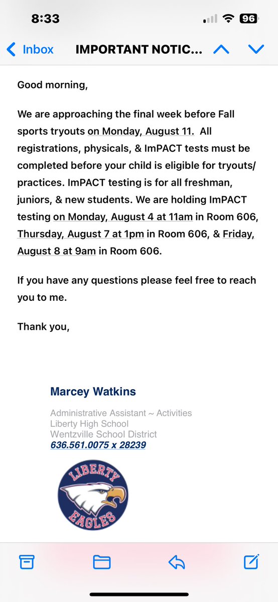 LibsTennis (@libeagletennis) on Twitter photo Mrs. Marcey & Athletics sent this below for eligibility on Fall Sports. These must be completed to be cleared on Mon., Aug. 11th, 1st official day of tryouts. All 9th, 11th & those new to Liberty must take the Impact test. Get it done. <a href="/EaglesLibertyAD/">LHS Activities</a> <a href="/WSDLibertyHS/">WSD Liberty HS</a> Mrs. Marcey & Athletics sent this below for eligibility on Fall Sports. These must be completed to be cleared on Mon., Aug. 11th, 1st official day of tryouts. All 9th, 11th & those new to Liberty must take the Impact test. Get it done. <a href="/EaglesLibertyAD/">LHS Activities</a> <a href="/WSDLibertyHS/">WSD Liberty HS</a>