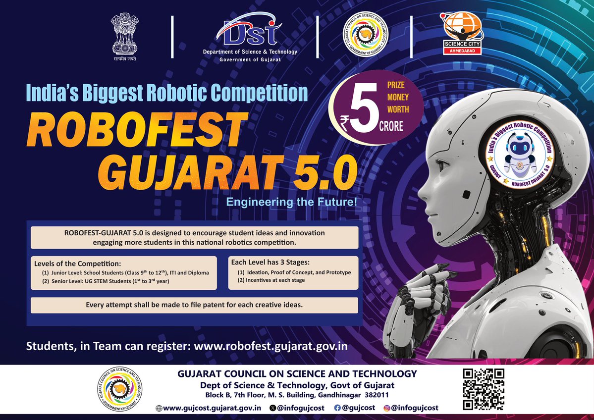 Shail Virendrabhai Palan (@palanshail) on Twitter photo Have you registered to participate in #India's Biggest #Robotic #Competition?
Registration are open for #Robofest #Gujarat 5.0
<a href="/InfoGujcost/">Gujarat Council on Science & Technology 🇮🇳</a> Have you registered to participate in #India's Biggest #Robotic #Competition?
Registration are open for #Robofest #Gujarat 5.0
<a href="/InfoGujcost/">Gujarat Council on Science & Technology 🇮🇳</a>