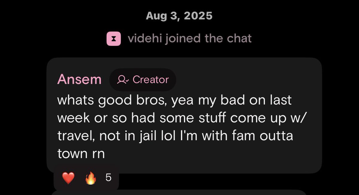 Looks like <a href="/blknoiz06/">Ansem</a> is back online after taking some time off to travel with his family.

Be on the lookout for his next stream, only on <a href="/timedotfun/">time.fun</a>.