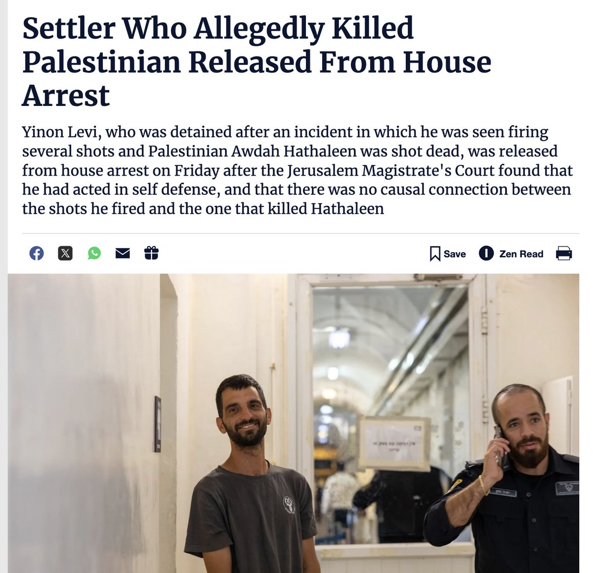 What can you say about a country where a man is shot on camera, the killer gets house arrest, then walks free—because somehow a bullet just entered Awdah's lungs on its own?

Levy smiling here bc he knows: the Israeli system is lawless and bent on erasing Palestinians.