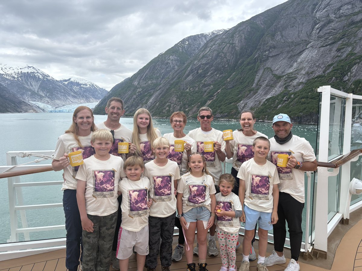 brinker1979's tweet photo. Katie, Brian, grace Mary Lou, Ed, Samantha, Jay, Jackson, Wyatt, Camron Hazel, Harriet and Henry at the Stikine Gglacier on a cruise to Alaska to celebrate Mary Lou and Ed's 50th wedding anniversary! @WillieGeist #NBC #sundaytoday https://t.co/LKuPwdI57q