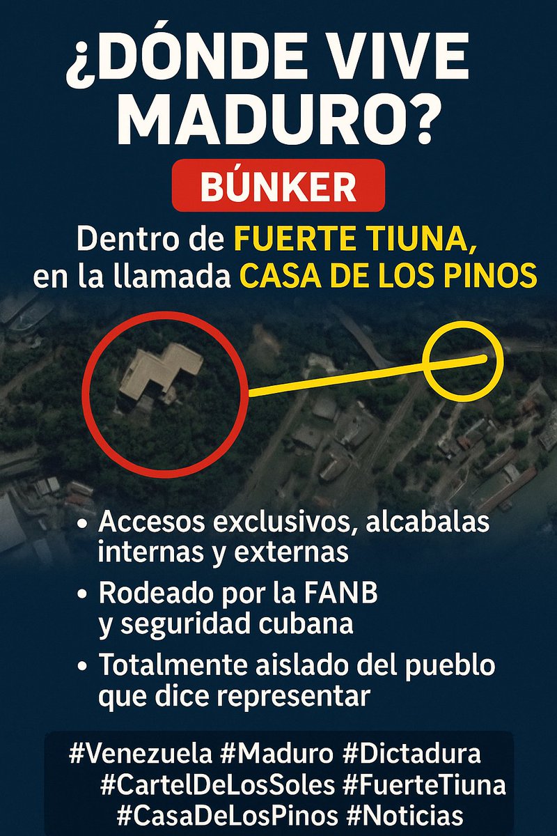 1/7
Maduro vive en un verdadero búnker, oculto y fuertemente resguardado.🤓
📷La llamada Casa de los Pinos, Urbanización Guaicapuro dentro del Fuerte Tiuna, es su guarida.
El país debe saber dónde se mueven los jefes del Cártel de los Soles.
#Venezuela #Maduro #CartelDeLosSoles