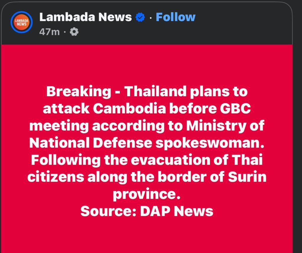 JL0102007's tweet photo. Dear President @DonaldTrump ,

The Cambodian people are once again in danger. Thailand is evacuating civilians near the border and preparing for another military assault. Our small nation is on the brink, and we urgently need your voice and leadership.

#CambodiaNeedPeace https://t.co/aPmFGQsFge