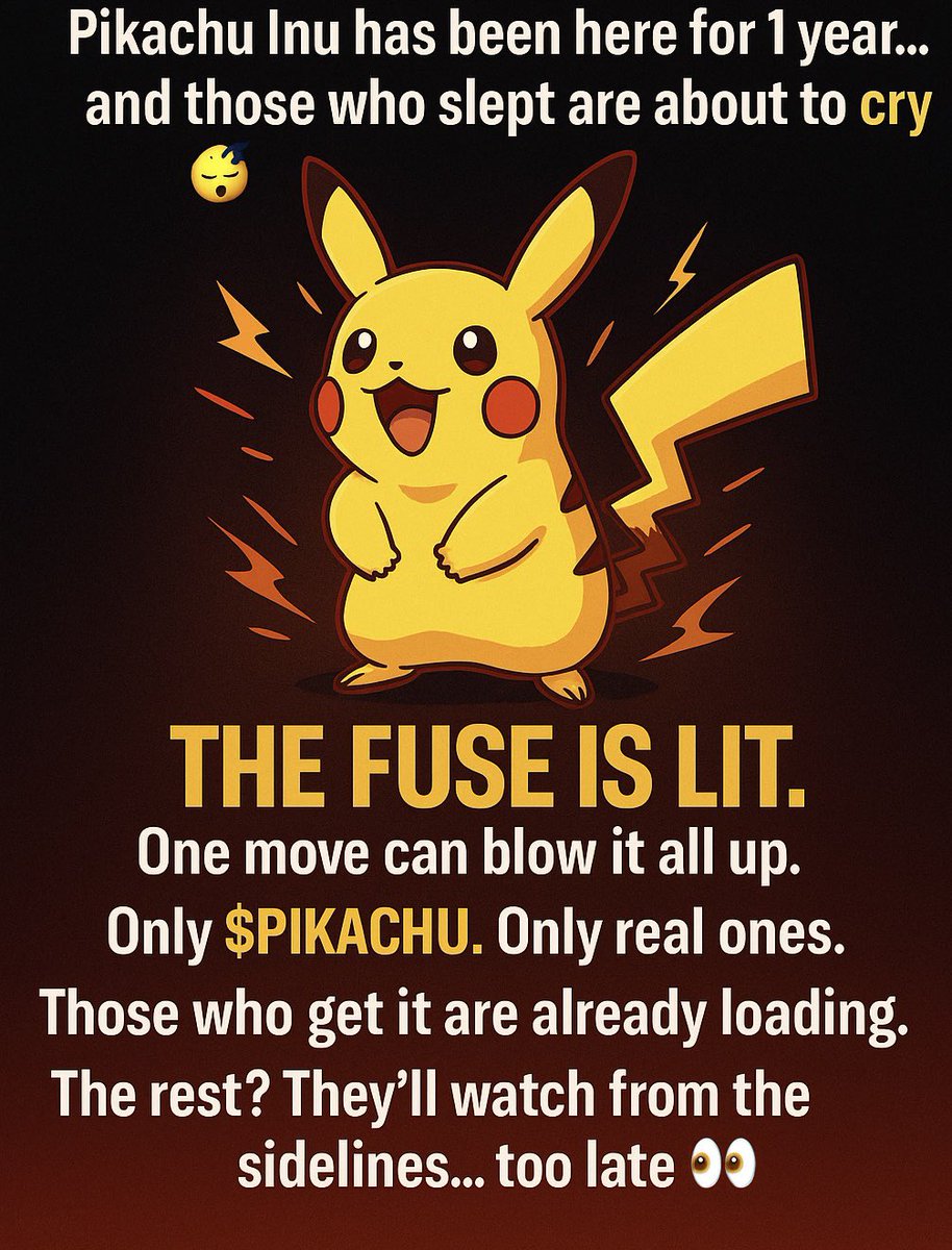 #Pikachu Inu has been here for 1 year… and those who slept are about to cry 😴💸
🔥 The fuse is lit.
🧨 One move can blow it all up.
🎯 No fake dev. No empty promises.
Only $PIKACHU. Only real ones.

📈 Those who get it are already loading.
The rest? They’ll watch from the