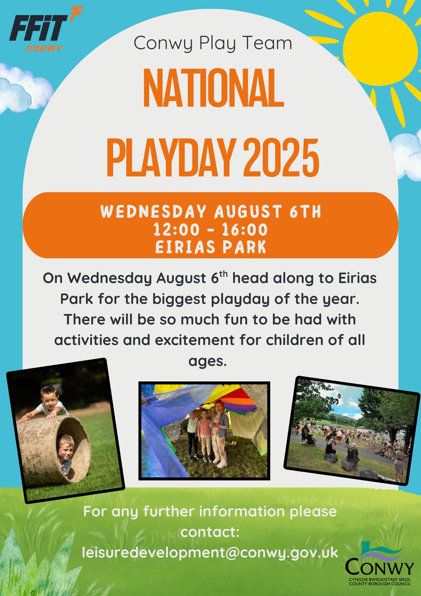 Ffit Conwy Leisure Development (@ffitleisuredev) on Twitter photo Playday is back for 2025. Join us at Eirias Park on August 6th for a day packed full of fun, activities and opportunities to play for all.
For any further information please contact leisuredevelopment@conwy.gov.uk Playday is back for 2025. Join us at Eirias Park on August 6th for a day packed full of fun, activities and opportunities to play for all.
For any further information please contact leisuredevelopment@conwy.gov.uk