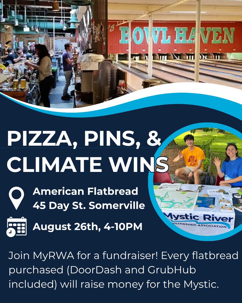 Join MyRWA at American Flatbread in Davis Square! Every flatbread purchased on August 26th from 4pm-10pm (including take-out via DoorDash or GrubHub) will raise money for MyRWA. 

Stop by to meet members of the MyRWA staff and board, eat some fabulous pizza, and go bowling!