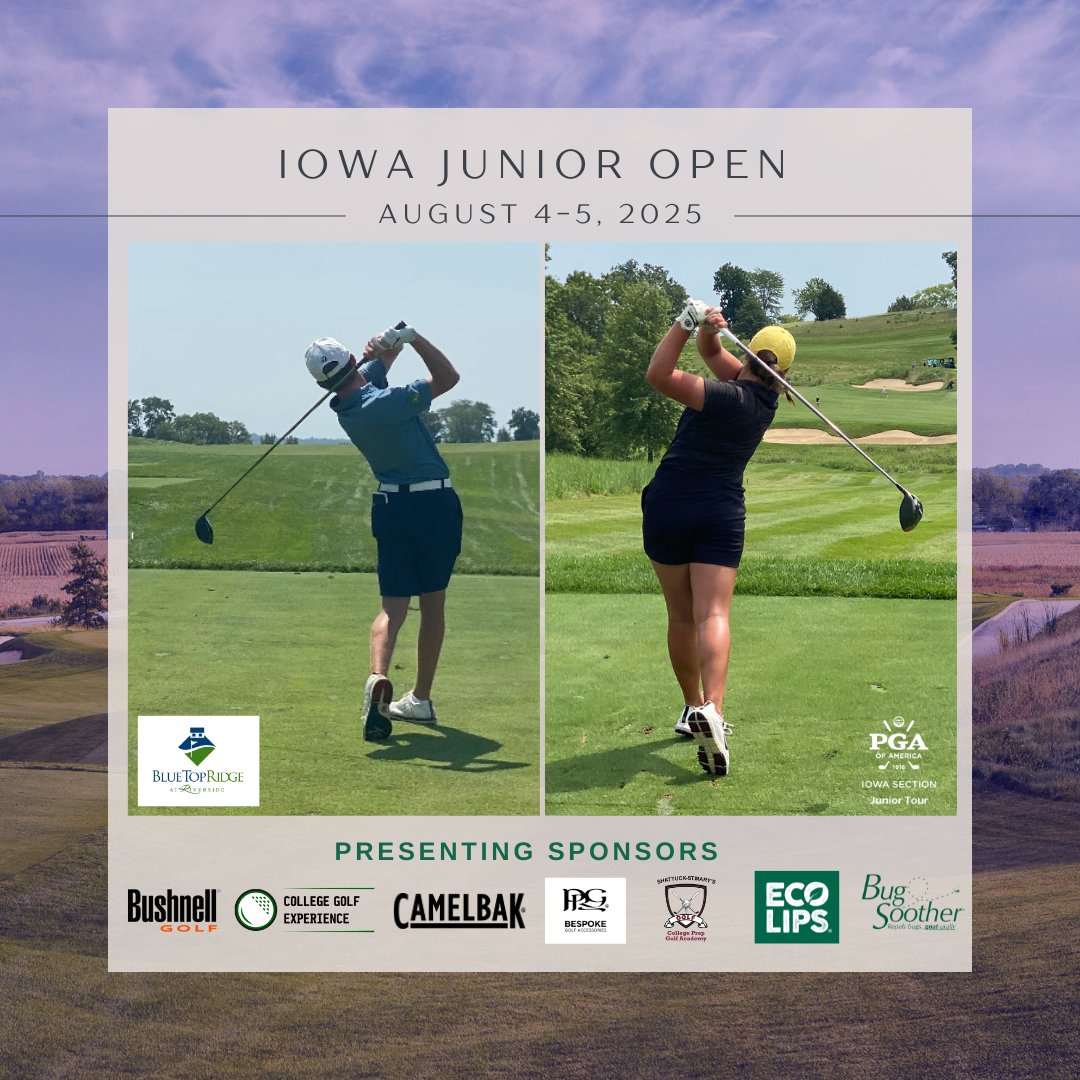 Iowa PGA Section (@iowapga) on Twitter photo .Seventh Annual Iowa Junior Open kicks off tomorrow August 4-5, 2025. Congrats to our 2024 Iowa Junior Open Winner Cody Weaver! Thanks to <a href="/bluetopridge/">bluetopridge</a> for hosting!
iowapgajuniorgolf.com/seventh-annual⦠.Seventh Annual Iowa Junior Open kicks off tomorrow August 4-5, 2025. Congrats to our 2024 Iowa Junior Open Winner Cody Weaver! Thanks to <a href="/bluetopridge/">bluetopridge</a> for hosting!
iowapgajuniorgolf.com/seventh-annualā¦