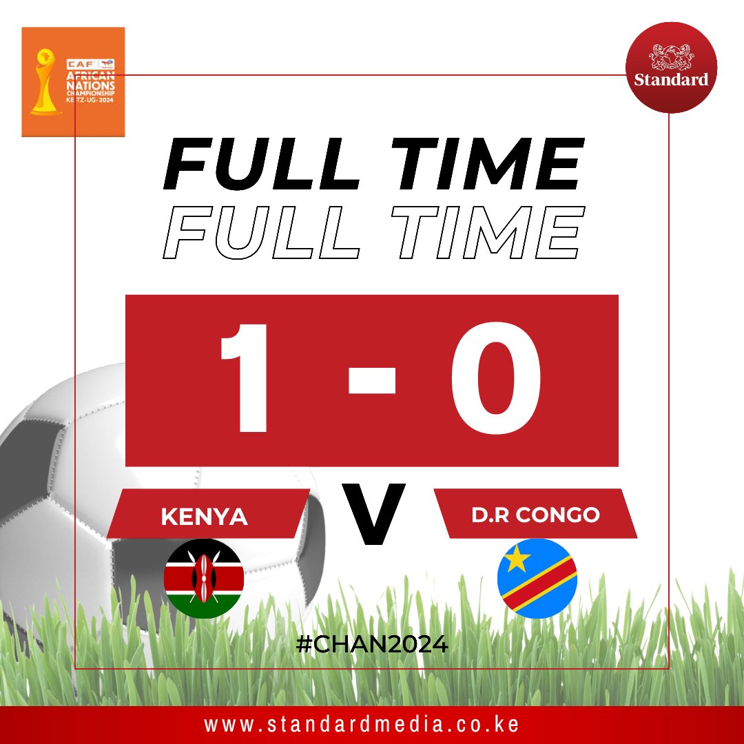 StandardKenya's tweet photo. Kenya beats DR Congo 1-0 in CHAN 2024 opener at Kasarani Stadium, Nairobi, with Austin Odhiambo scoring the winning goal in first half. https://t.co/KJXk6jXizO