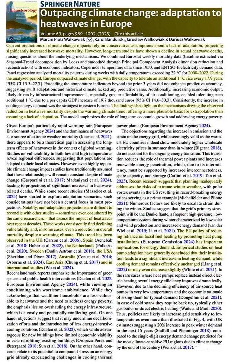 New study:

European heat wave deaths have declined in recent decades.

Alarmist studies fail to account for adaptation, artificially inflating heat wave risks. 

The real risk is cold exposure; green policy-induced energy poverty worsens these outcomes.
link.springer.com/article/10.100…