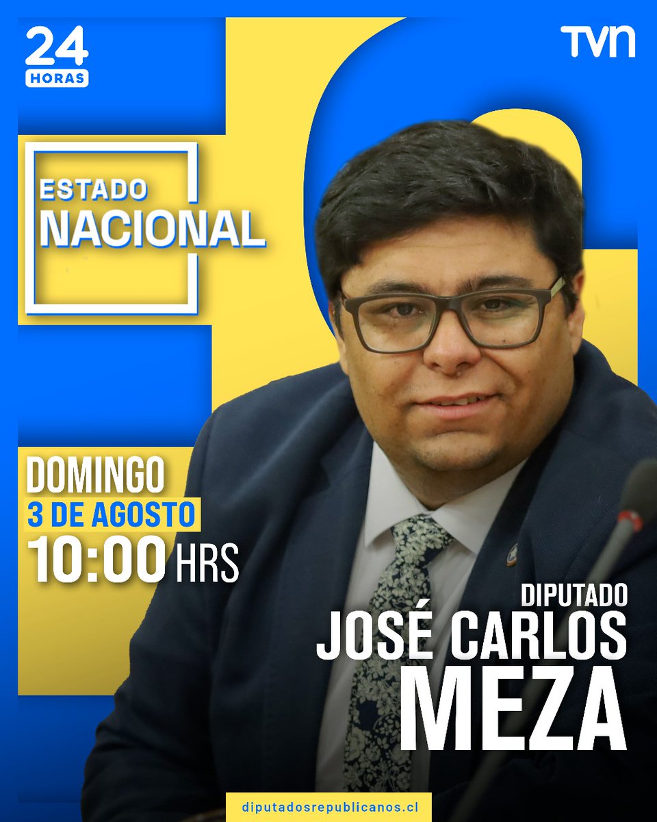 Diputados Republicanos (@diprepublicanos) on Twitter photo 🔴🎙️Hoy, desde las 10:00 AM, nuestro diputado <a href="/JoseMezaPereira/">José Carlos Meza 👍🇨🇱</a> estará en el panel político de #EstadoNacional de <a href="/TVN/">TVN</a> donde abordará los temas más importantes de la  contingencia nacional.
¡Acompáñanos! Conéctate y difunde 👉youtube.com/live/bVH_5q7Q0… 🔴🎙️Hoy, desde las 10:00 AM, nuestro diputado <a href="/JoseMezaPereira/">José Carlos Meza 👍🇨🇱</a> estará en el panel político de #EstadoNacional de <a href="/TVN/">TVN</a> donde abordará los temas más importantes de la  contingencia nacional.
¡Acompáñanos! Conéctate y difunde 👉youtube.com/live/bVH_5q7Q0…