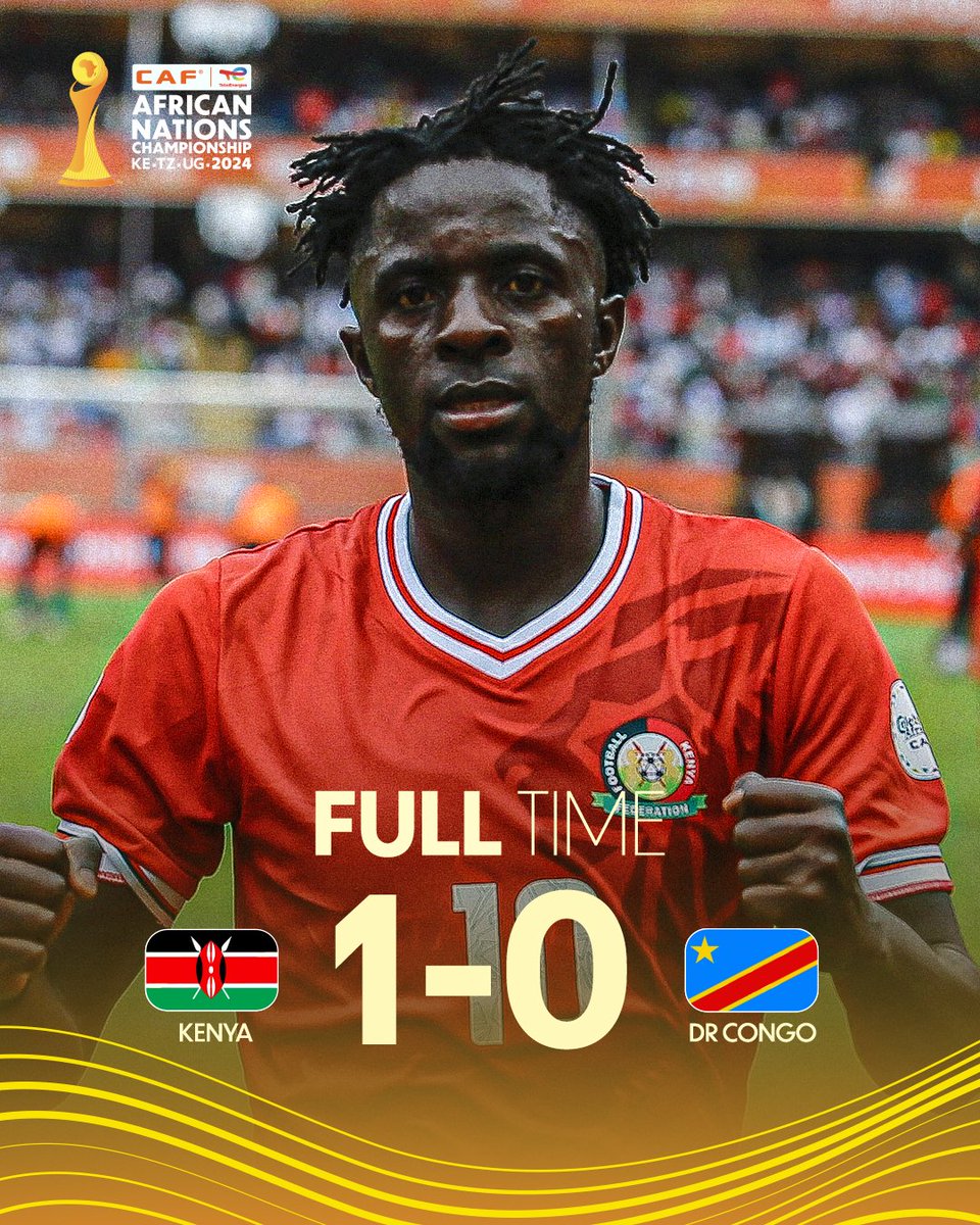 Kenya secure a historic 1-0 victory over two-time champions DR Congo.

Austin Odhiambo's left-footed strike at the dying minutes of the 1st half ensure Harambee Stars bag max points in their Group A opener. 

In a tough "group of death" with two-time winners Morocco, Angola and