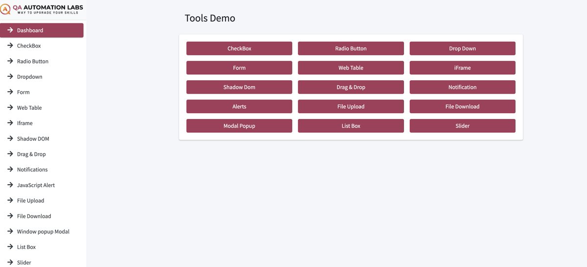 The website testing.qaautomationlabs.com is a practice website designed to help learners, QA engineers, and automation testers experiment with different types of UI elements and practice writing automation scripts using tools like Selenium, Cypress, Playwright, and others.