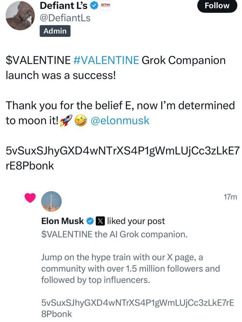 <a href="/v/">Valentine</a> let em know V 

<a href="/DefiantLs/">Defiant L’s</a> told em

<a href="/elonmusk/">Elon Musk</a> liked it