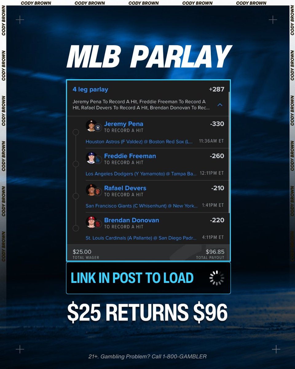 CodyBrownBets's tweet photo. 🚨 This +290 parlay starts in an hour. 

Tap to tail on FD : https://t.co/3zBeET5jpn

Haven’t done one of these in a while. LFG

21+, gamble responsibly. https://t.co/4f7iRVQRpI