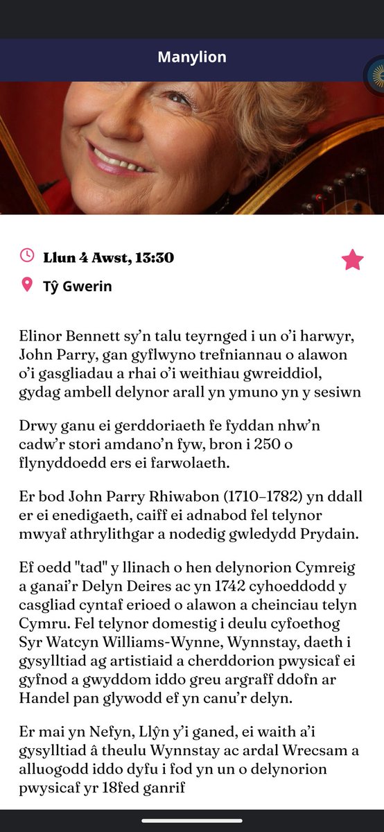 Eleri Darkins (@eleridarkins) on Twitter photo Peidiwch colli'r cyfle i glywed Elinor Bennett yn y Ty Gwerin <a href="/eisteddfod/">eisteddfod</a> yn sôn am John Parry Ddall ar y delyn deires. Dydd Llun Awst 4, 1.30 🎶🏴🎶 Peidiwch colli'r cyfle i glywed Elinor Bennett yn y Ty Gwerin <a href="/eisteddfod/">eisteddfod</a> yn sôn am John Parry Ddall ar y delyn deires. Dydd Llun Awst 4, 1.30 🎶🏴🎶