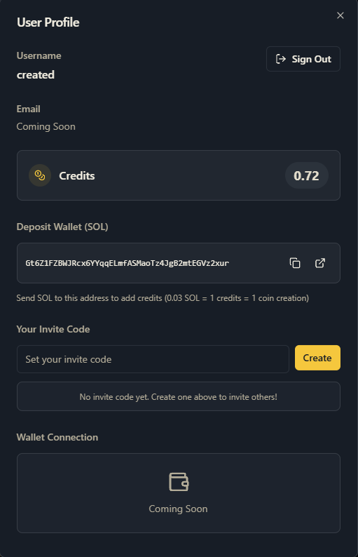 CreatedSolana's tweet photo. Then you head over to profile on the top right of the page and you’ll see your encrypted wallet address where you’ll send solana to, keep in mind 0.03 solana gives you 1 credit, and 1 credit means your able to launch one token https://t.co/JIm46dq0ew