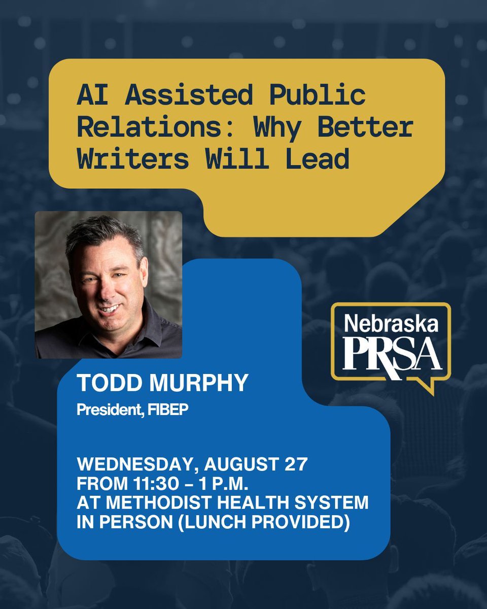 PR pros: Are you ready for an AI-first world?

Join <a href="/PRSANebraska/">PRSA Nebraska</a> on Aug. 27 for AI Assisted PR: Why Better Writers Will Lead with Todd Murphy, President of FIBEP.

📍 Methodist Health System
🕦 11:30 a.m.–1 p.m. | 🍴 Lunch included

👉 Register: prsanebraska.org/meetinginfo.ph…