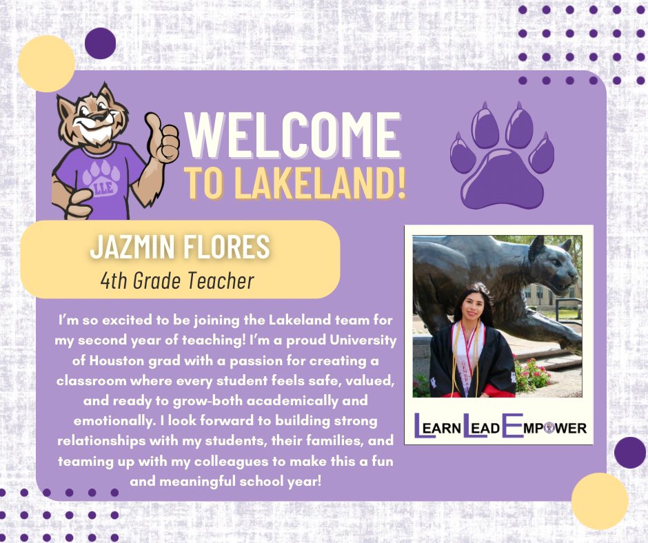 Lakeland Elementary (@humbleisd_lle) on Twitter photo Join us in welcoming Jazmin Flores to the Lakeland Wildcats team! We’re so excited to have Ms Flores on board and can’t wait for the amazing things this school year will bring!🐾💜 #WildcatProud #LearnLeadEmpower <a href="/floresjaz2/">Jazmin Flores</a> Join us in welcoming Jazmin Flores to the Lakeland Wildcats team! We’re so excited to have Ms Flores on board and can’t wait for the amazing things this school year will bring!🐾💜 #WildcatProud #LearnLeadEmpower <a href="/floresjaz2/">Jazmin Flores</a>
