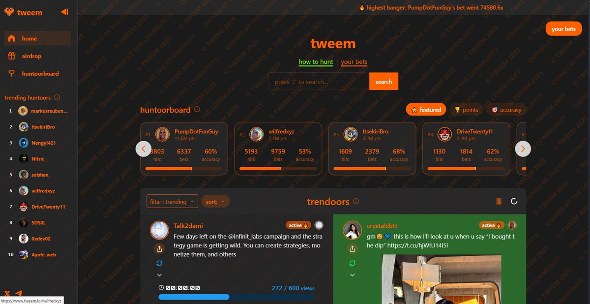 _olaige's tweet photo. 1️⃣ Visit https://t.co/mHsVd3wHav to create your profile and access your #tweem dashboard.
Connect your X account and link your $SOL wallet address (to claim rewards). https://t.co/yOUAuYoPCF