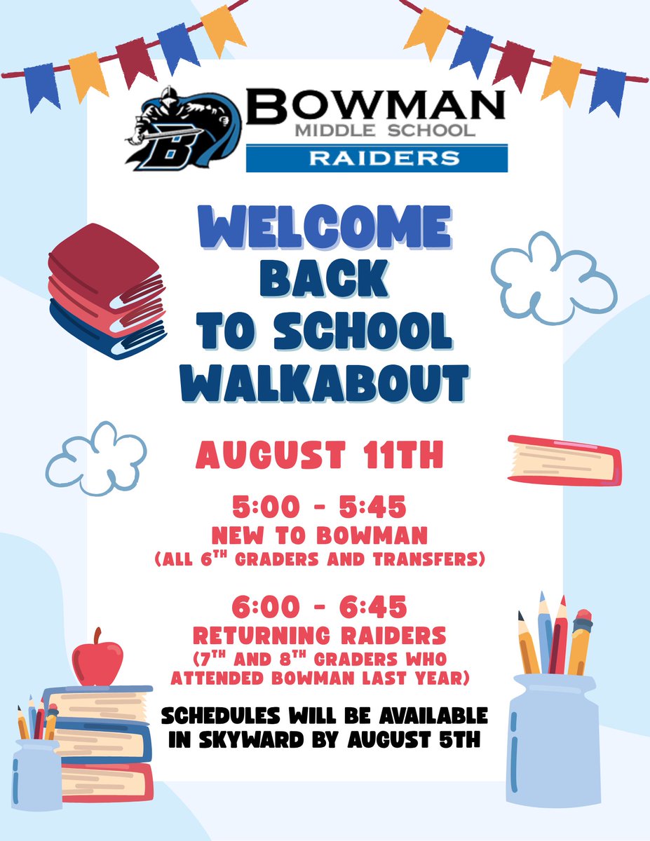 Mark your calendars! Schedules will be released on Skyward on August 5th. For students who want to walk your schedule, the school will be opened on Monday August 11th from 5-6:45pm. Enjoy the rest of your summer! ☀️🕶️