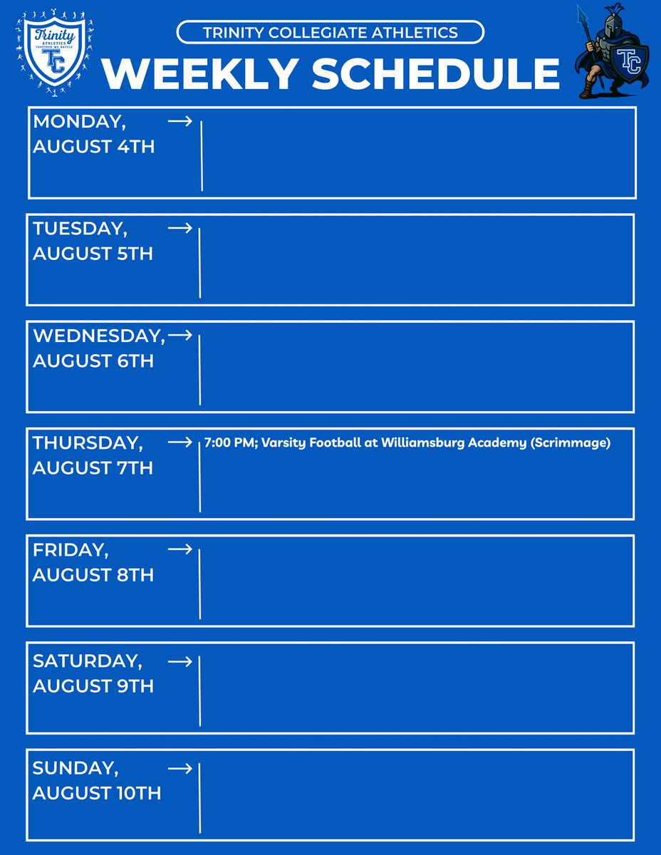 Welcome back! 2025-2026 Athletic Year gets underway Thursday with a varsity football scrimmage at Williamsburg Academy. Let’s go Titans! #TogetherWeBattle