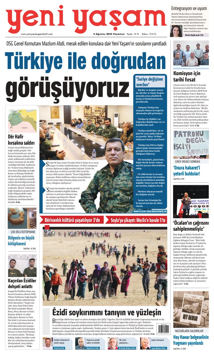 yeniyasamnews's tweet photo. 'Türkiye ile doğrudan görüşüyoruz' manşetiyle yarın yayındayız https://t.co/REuOmy6JDV