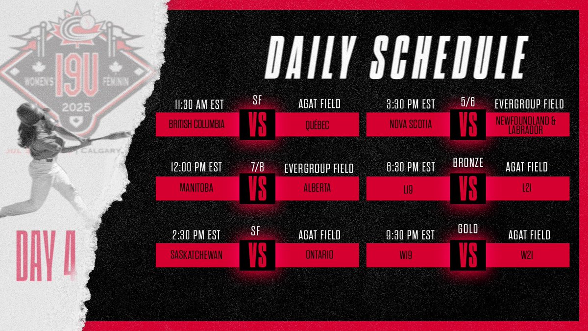 Championship Sunday is here🏆

Here’s the final schedule for the Women’s 19U National Championships in Calgary.⚾️

Best of luck to all provinces as we head into the final day of competition!🇨🇦

#BaseballCanada | #BCanNats25